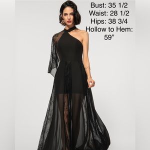 JJs House Black A-Line One-Shoulder Floor-Length Chiffon Lace Evening Dress NWT